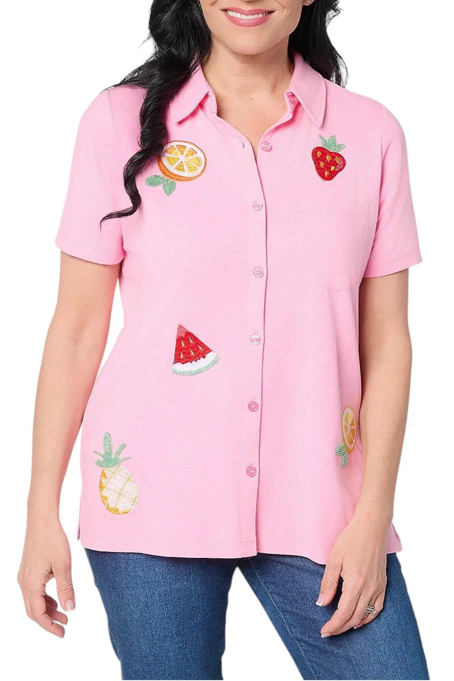 Quacker Factory Cutie Fruity Embroidered Short Sleeve Camp Shirt Pink - Regular